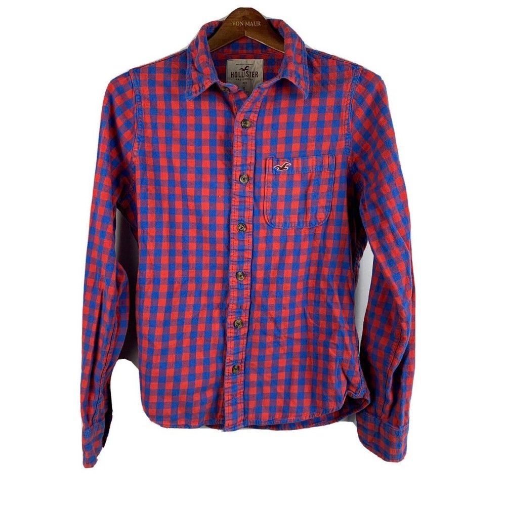Hollister Mens Size Small Long Sleeve Flannel Button Up Shirt Red Blue Plaid